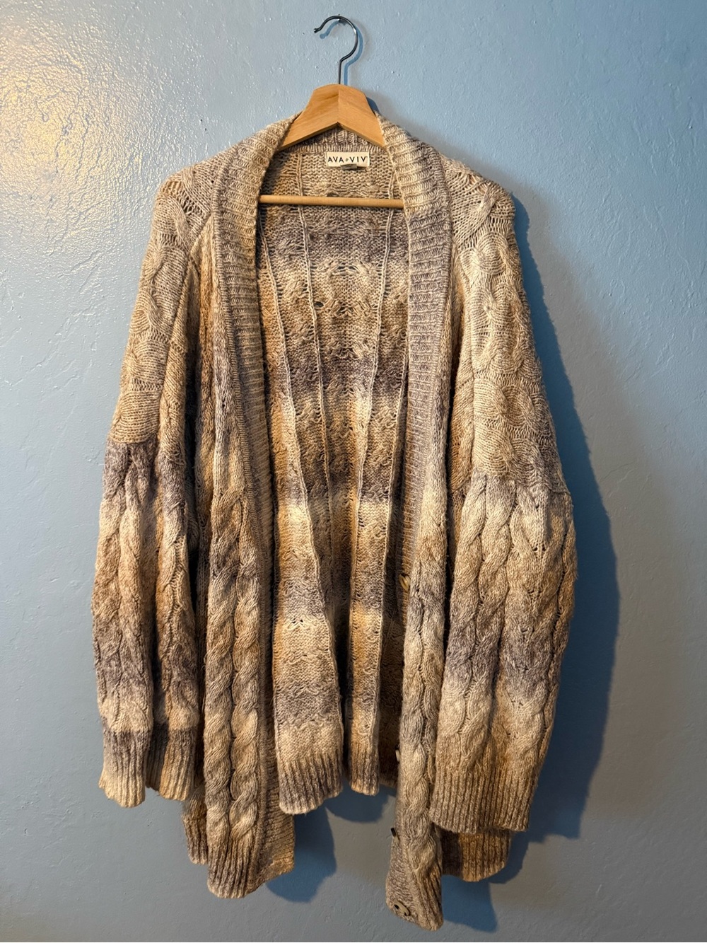 Ava & Viv Cable Knit Open Cardigan - Taupe and Purple Ombre